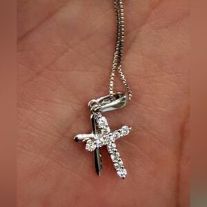 18K Solid Japan White Gold Double cross Necklace with Diamonds (PRICE FIRM)